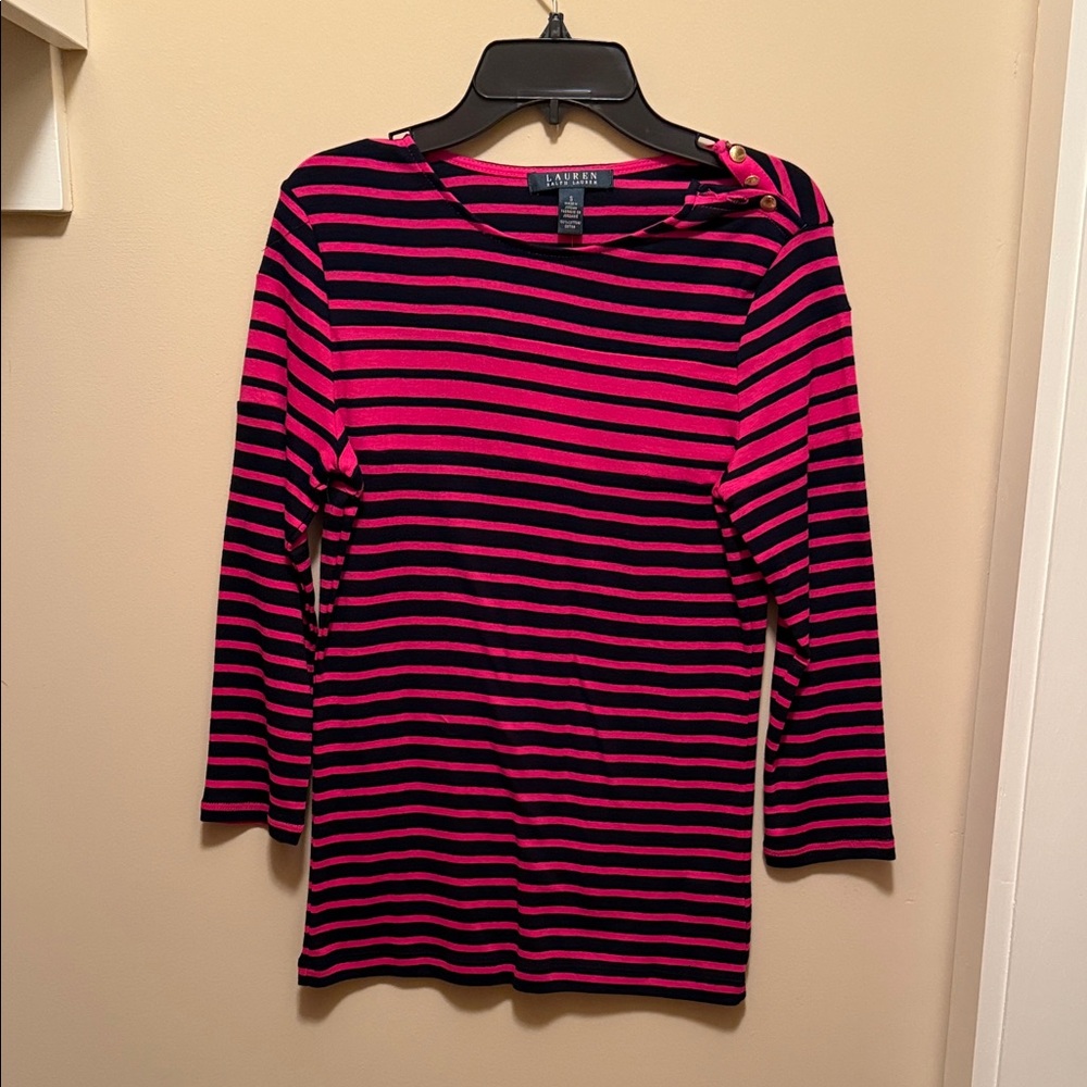 Lauren Ralph Lauren Pink and Black Striped Long Sleeve Top